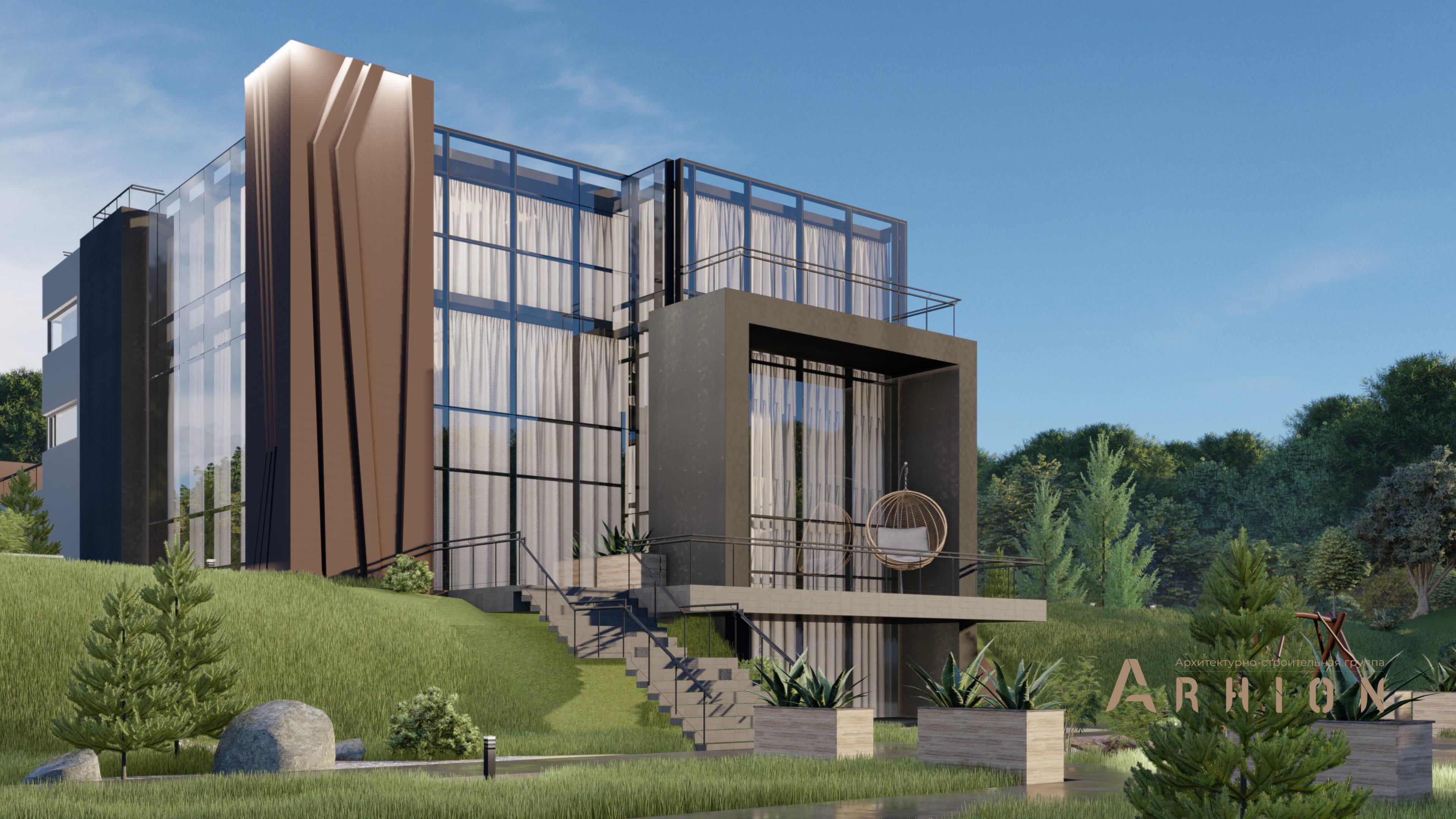 6. Проект двухэтажного дома в стиле хай-тек с плоской кровлей , H-102, площадью - 721 кв c цокольным этажом, терассой, балконом, гаражом